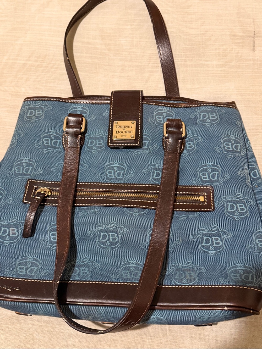 Dooney & Bourke Blue Canvas Messenger Bag with Brown Leather Trim